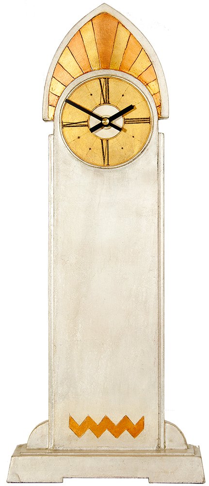 art-deco-mantel-clock-with-sun-burst-crest-in-silver-gold.jpg Art Deco Crested Mantle Clock. - Image 1